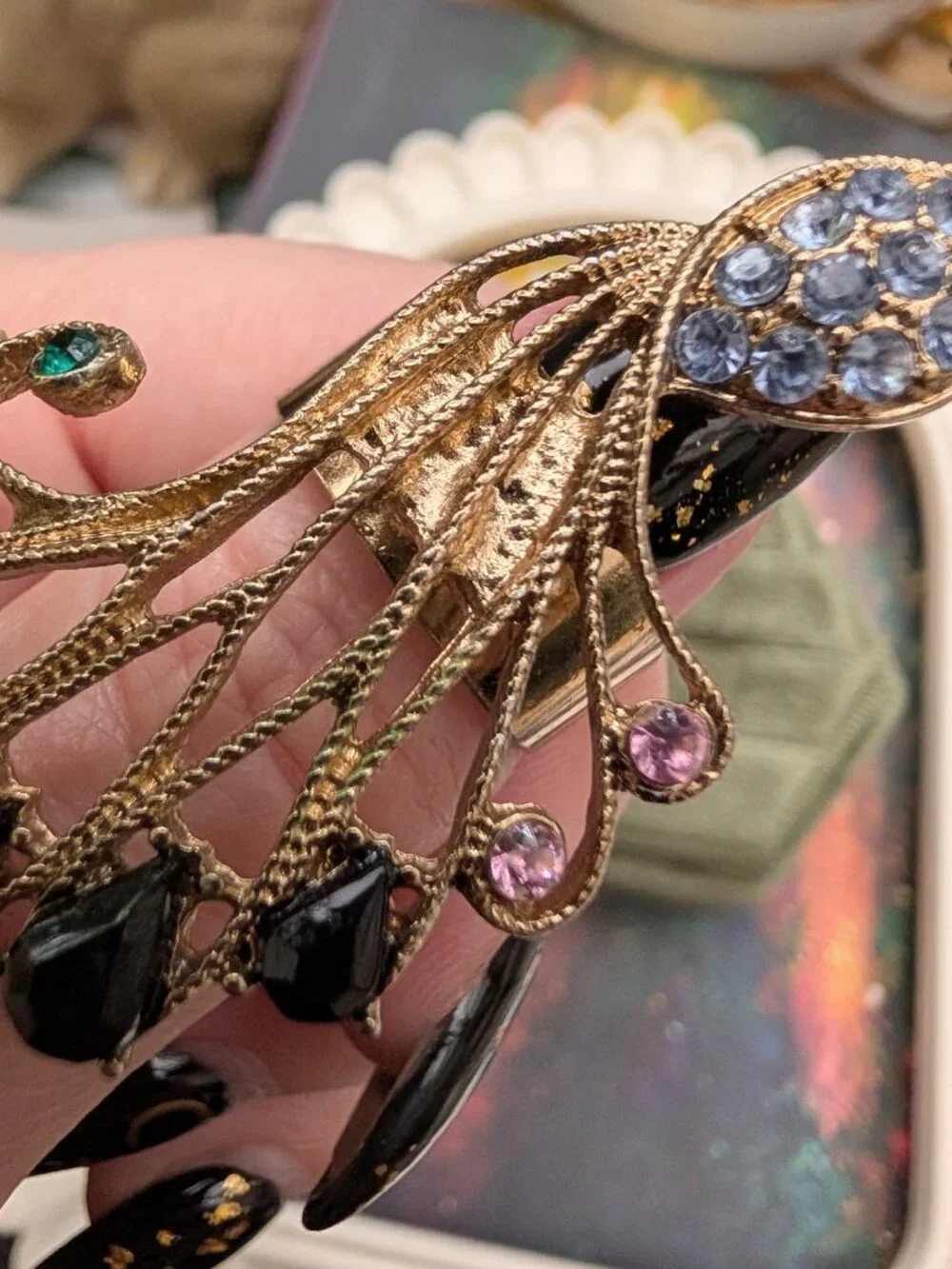 Vintage Peacock Statement Ring with Rhinestones, size 8